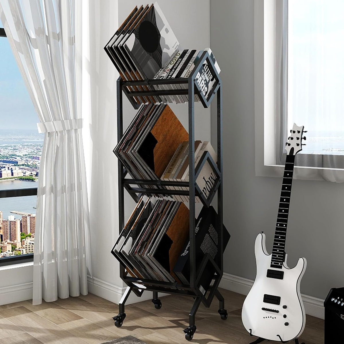Vinyl Opbergrek Op Wielen – Platenrek – LP Opbergrek – Vinyl Rek – Platenhouder – Tot 150 LP’s – Stevig Metalen Frame Met Poedercoating
