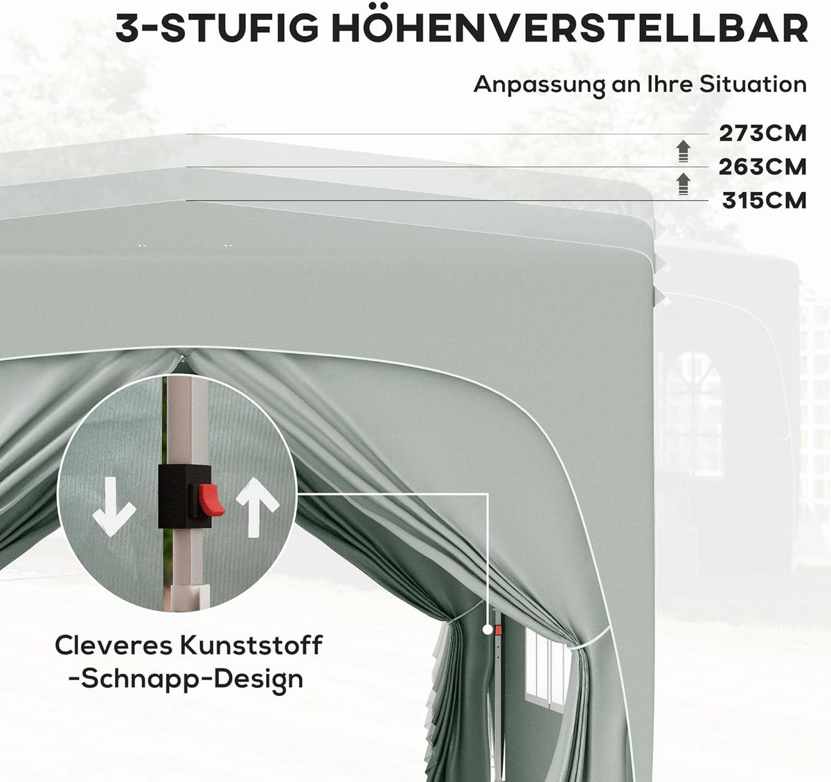 Outsunny Pavillon 3x3m, wasserabweisend Stabil Winterfest Pop-up Faltpavillon, UV Schutz 50+, Faltbar Partyzelt Gartenzelt mit 4 Seitenteilen Tasche Gartenpavillon für Camping Garten, Hellgrau - QUORE