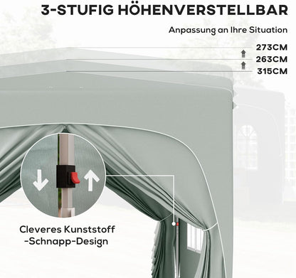 Outsunny Pavillon 3x3m, wasserabweisend Stabil Winterfest Pop-up Faltpavillon, UV Schutz 50+, Faltbar Partyzelt Gartenzelt mit 4 Seitenteilen Tasche Gartenpavillon für Camping Garten, Hellgrau - QUORE