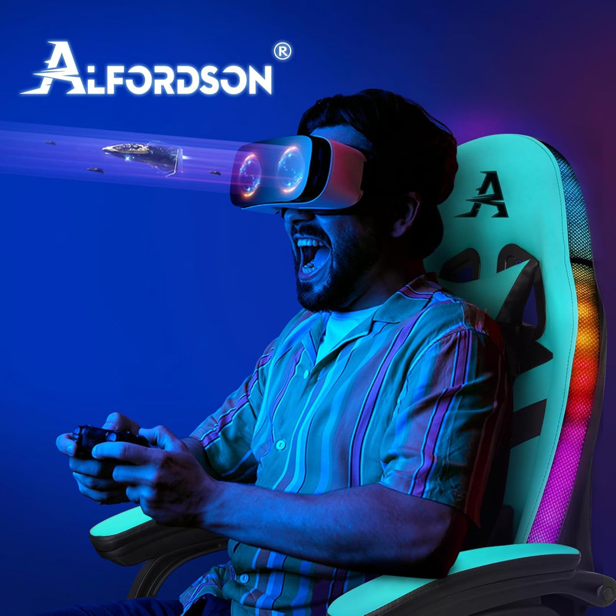 ALFORDSON Gaming Chair, Office Chair, Swivel Large Massage Chair with 8 Points, RGB LED Light, 12 Colours, Ergonomic with Footrest, Headrest and Lumbar Cushion, Cyan - QUORE