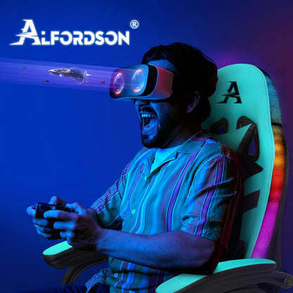 ALFORDSON Gaming Chair, Office Chair, Swivel Large Massage Chair with 8 Points, RGB LED Light, 12 Colours, Ergonomic with Footrest, Headrest and Lumbar Cushion, Cyan - QUORE