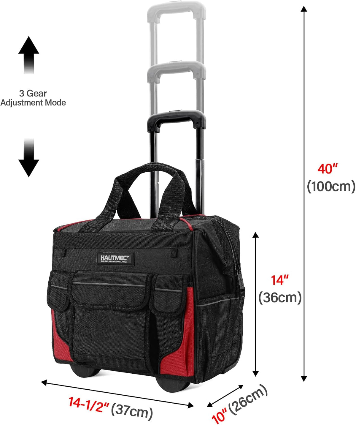 HAUTMEC HT0179 Gereedschapstas met wieltjes, duurzame gereedschapskoffer, grote opening, robuuste telescopische handgreep, afmetingen: 37 x 29 x 40 cm, rood