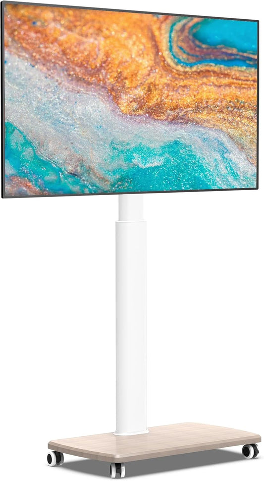 Verrijdbare TV Standaard 32-70 Inch – TV Vloerstandaard – TV Trolley – TV Standaard Op Wielen – Televisiestandaard – Wit Houten Voet – Draaibaar & Hoogte Verstelbaar