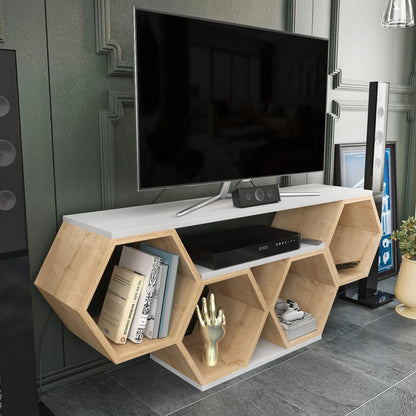 Hanah Home Stijlvolle tv-standaard, wit & Sonamo, 140 x 29,6 x 55,5 cm, 100% melamine gecoat particle board, 18 mm dik, modern design voor woonkamer en entertainment