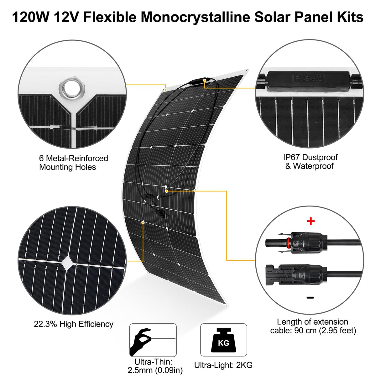 240 W 12 V flexibel monokristallijn zonnepaneel sets: 2 x 120 W flexibel zonnepaneel+30 A laadregelaar+Y-stekker mannelijk/vrouwelijk+zonnepaneel solar-kabel+O-ringaansluitkabel+metalen