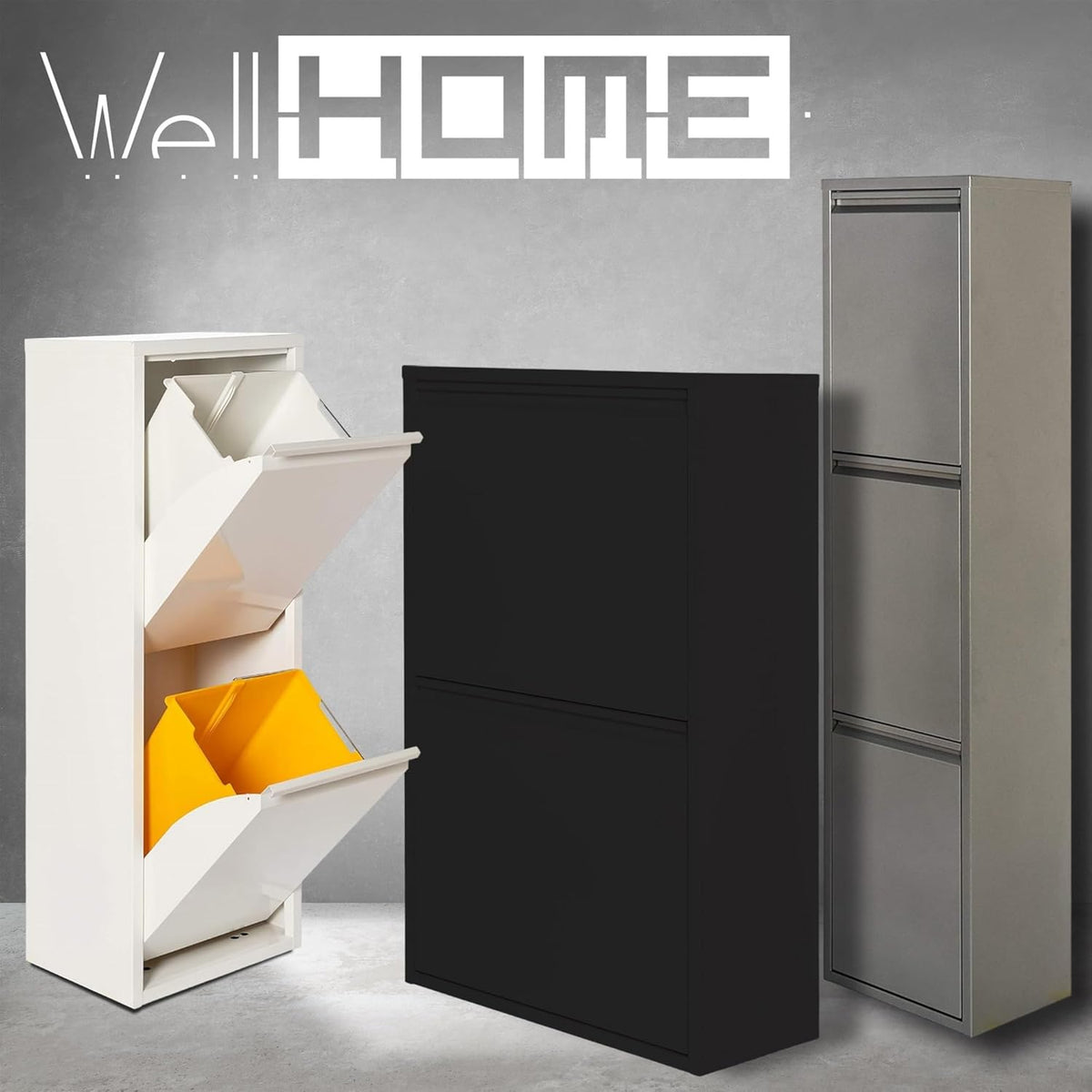 WELL HOME Metalen vuilnisemmer met 3 vakken, 3 x 17 l (51 l), glanzend grijs