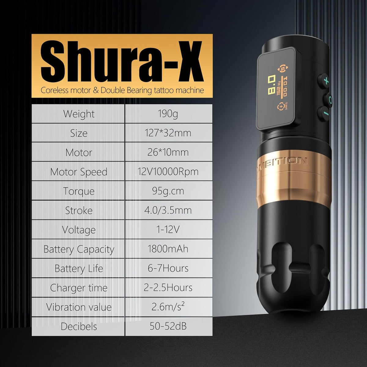 Ambition Shura-X Tattoo Machine Professioneel - Met geavanceerd stabilisatiesysteem, kernloze motor, cartridge pen en 1800mAh voeding. Geschikt voor professionele tatoeageartiesten