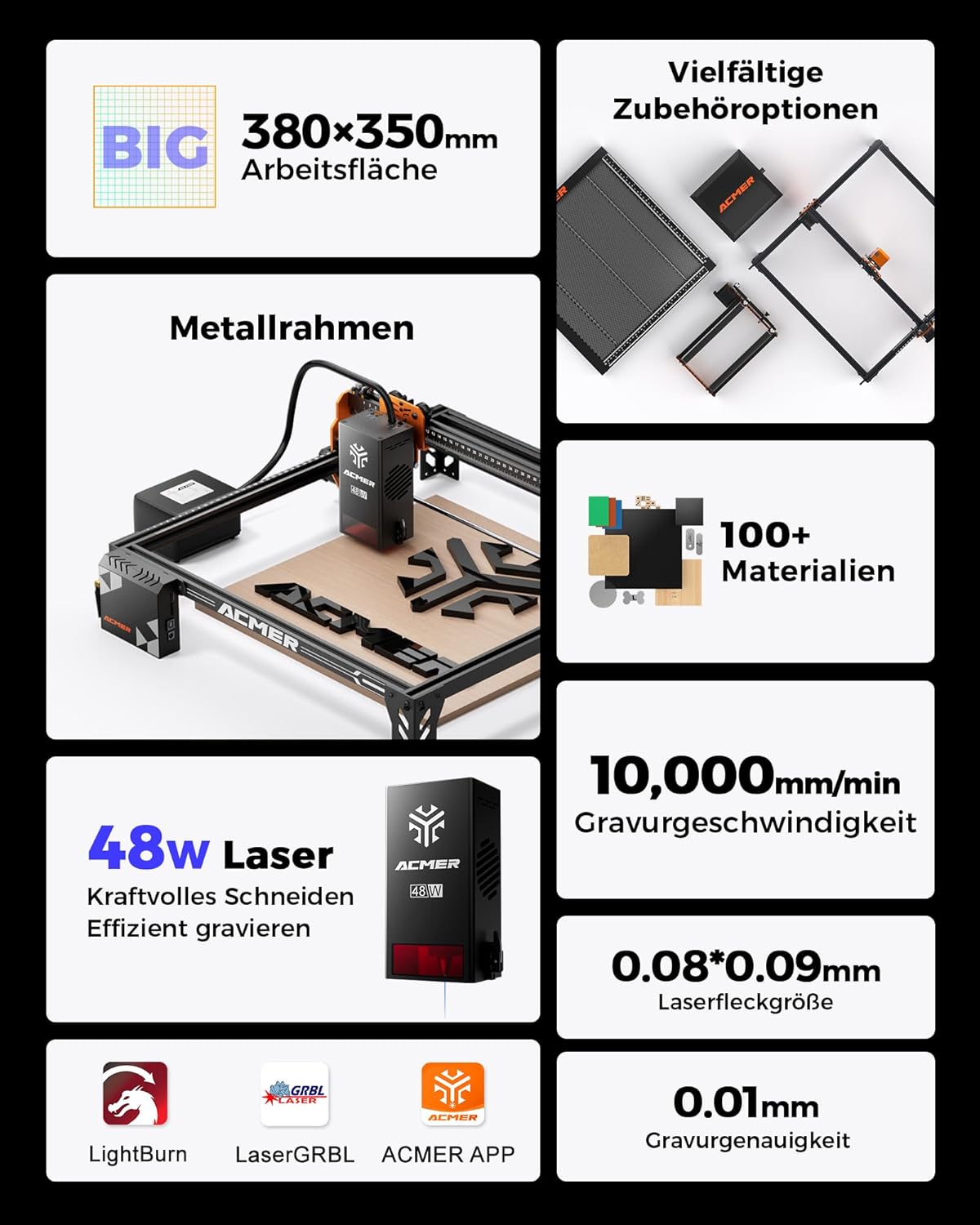 P1 S Pro lasergraveermachine met dubbel vermogen (48 W/24 W), lasersnijmachine met 25 l luchtpomp, graveerbereik 380 × 350 mm, graveerlaser voor hout, leer, metaal