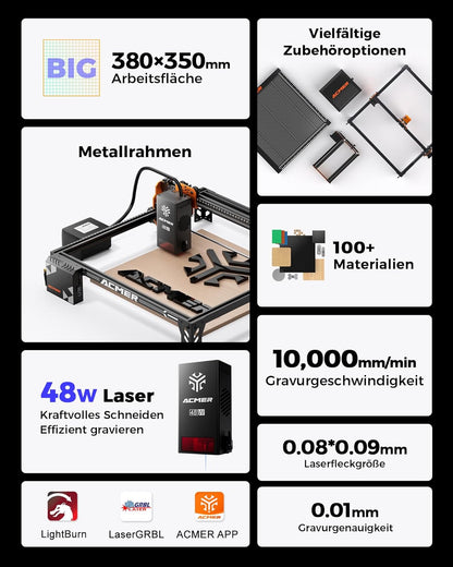 P1 S Pro lasergraveermachine met dubbel vermogen (48 W/24 W), lasersnijmachine met 25 l luchtpomp, graveerbereik 380 × 350 mm, graveerlaser voor hout, leer, metaal