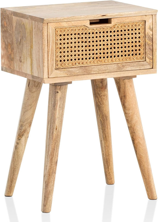 Nachtkastje – Bedkastje – Bedtafeltje – Bijzettafeltje – Lade – Massief Mangohout – Rieten Ladefront – 40 x 60 x 30 cm – Ruime Opberglade - QUORE