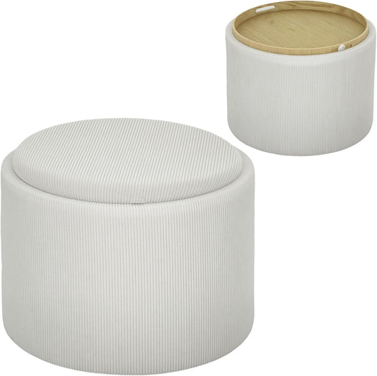 HOMCOM Sitzhocker mit Stauraum Hocker mit Deckel, Runder Fußhocker Polsterhocker Couchtisch mit Cord-Optik 56 x 56 x 42 cm Cremeweiß - QUORE