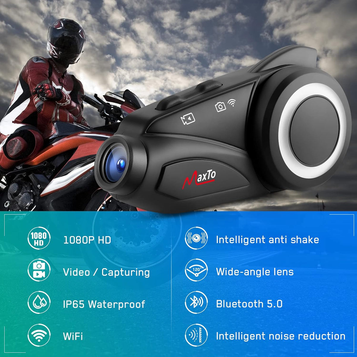 MAXTO Intercom voor motorhelm, bluetooth, met 1080p HD-camera, M3 bijgewerkt, 360 graden verstelbare clip, communicatiesysteem voor 6 motorrijders, 3280 FT, wifi/FM-radio, IP65 waterdicht