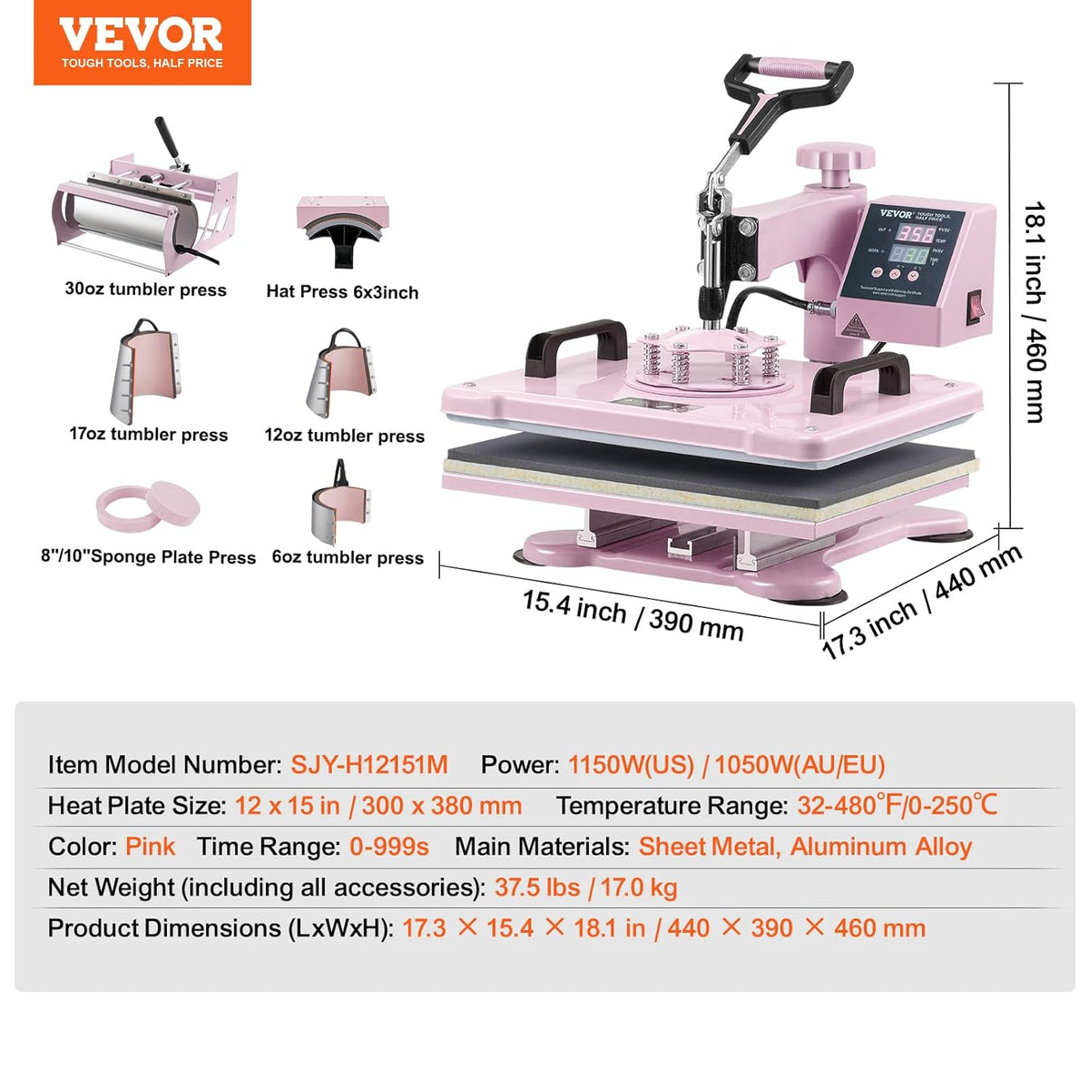 VEVOR Warmteoverdrachtsmachine, 300 x 380 mm, 8-in-1 hittepersmachine met 0,17-0,85 kg trommelpers, 360 graden oscillerend T-shirt persen voor T-shirts/hoeden, roze