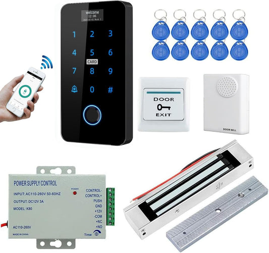 YAVIS Tuya WiFi Kit met Screen Vingerafdruk Access Controller IP68 Waterdichte Touch Keyboard RFID/IC Card Reader WG26/34180kg Elektrisch Magnetisch Slot, 3A Voeding, Deurbel, Knop