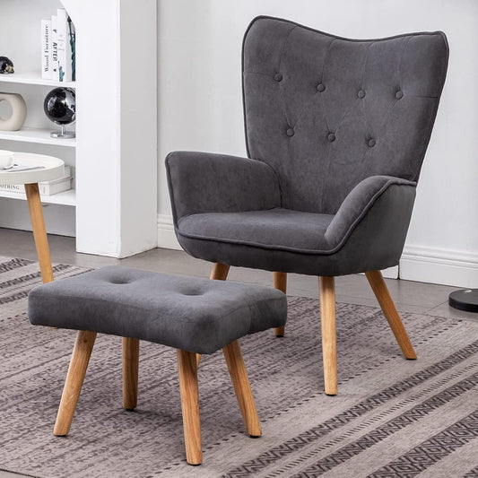 HollyHOME Comfortable Armchair with Footstool Living Room Chair Velvet Accent Chairs Cozy Relaxing Armchairs Reading Chair Bedroom, Dark Grey