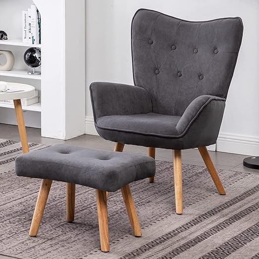HollyHOME Comfortable armchair with footstool living room chair velvet accent chairs cozy relaxing arm chairs reading chair bedroom, dark grey - QUORE