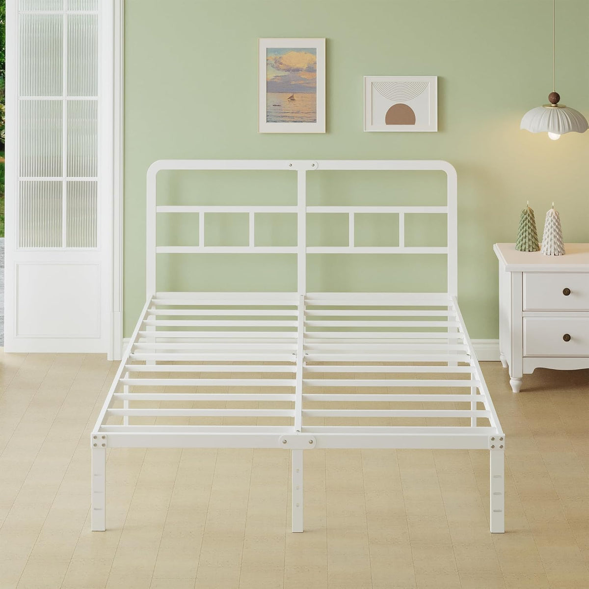 Lutown-Teen Metalen Bedframe 135x190 cm met Gebogen Hoofdbord, Hoogte 36cm, Dubbelbed Frame 135 x 190 met Lattenbodem Van Metaal, Opbergruimte onder het bed, Eenvoudige Montage, Wit