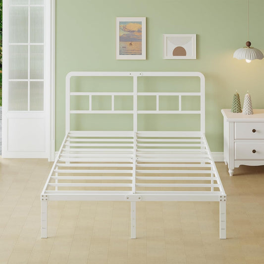 Lutown-Teen Metalen Bedframe 135x190 cm met Gebogen Hoofdbord, Hoogte 36cm, Dubbelbed Frame 135 x 190 met Lattenbodem Van Metaal, Opbergruimte onder het bed, Eenvoudige Montage, Wit
