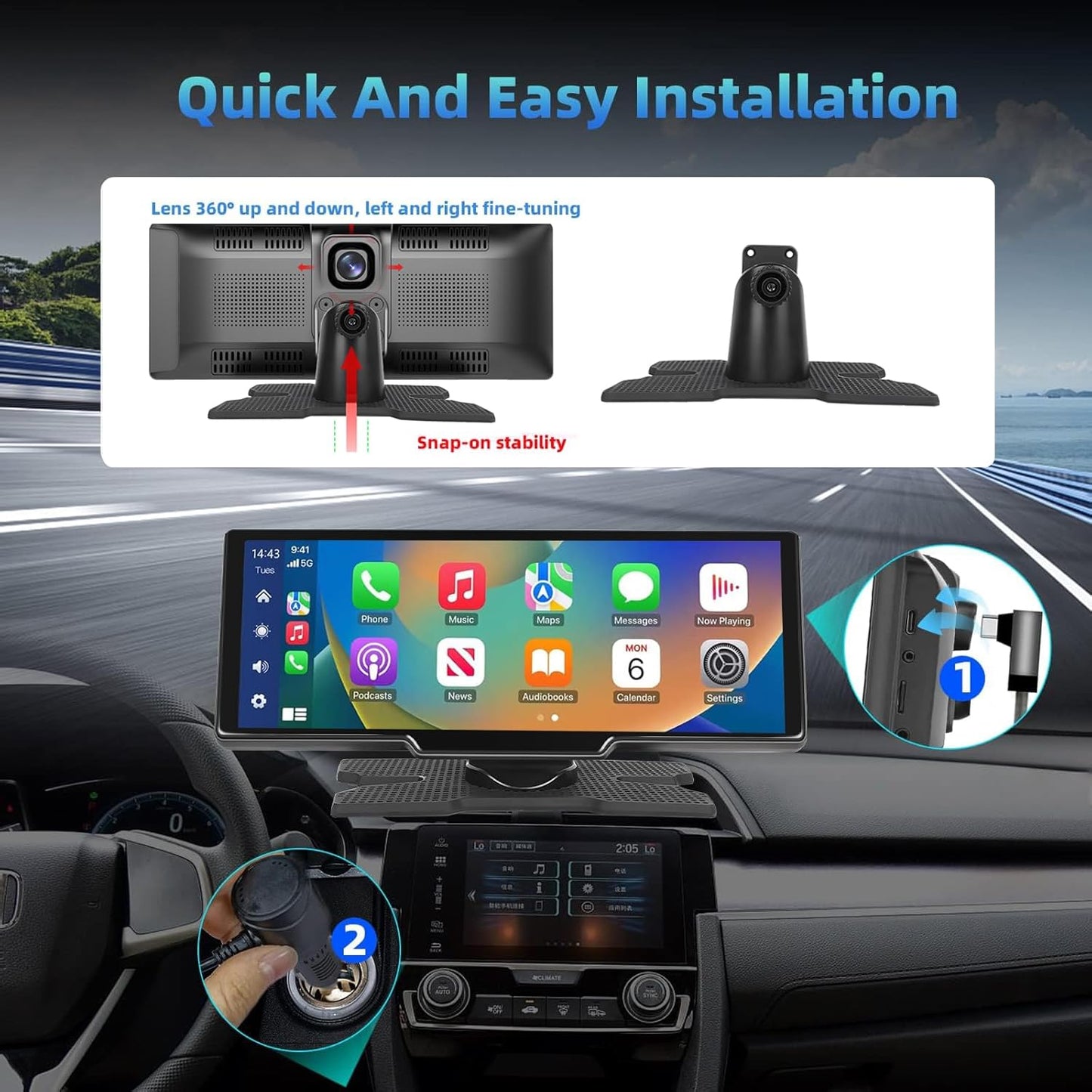 Podofo 9,3 inch draagbare autoradio 2,5K dubbele dashcam met draadloos Apple Carplay Android-autoscherm, 7-32V touchscreen met stemassistent/Bluetooth/FM-zender/AUX / 32G TF-kaart