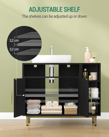 Hzuaneri Washbasin cabinet, bathroom cabinet, 1 drawer, 2 cabinet doors, open compartment with 3 levels, adjustable shelf, black with wood grain, 30 x 80 x 64 cm BC28804G