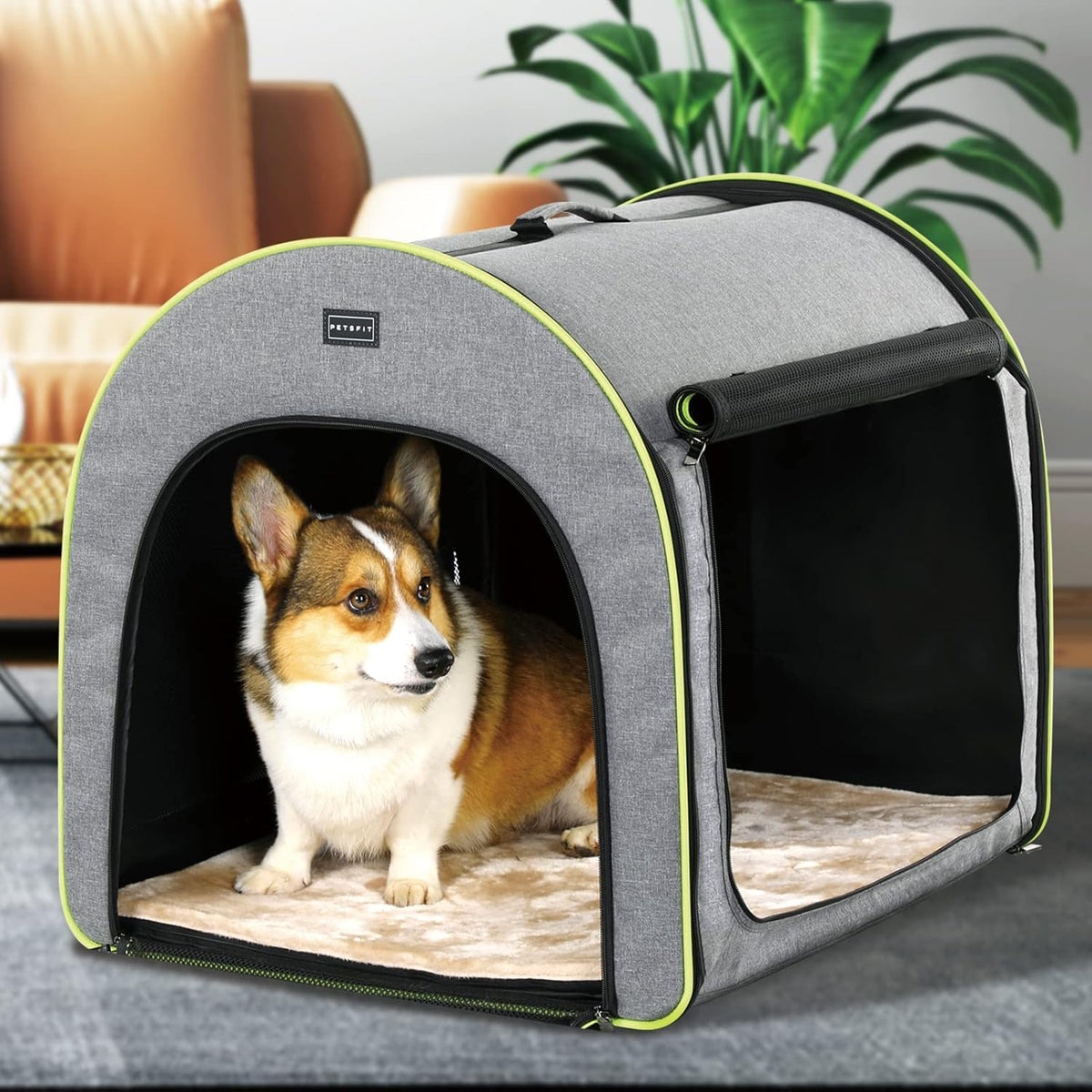 Petsfit Hondenbox, opvouwbaar voor grote honden, duurzaam en gezellig, kamerkennel met anti-open ritssluiting en pluche kussen, L