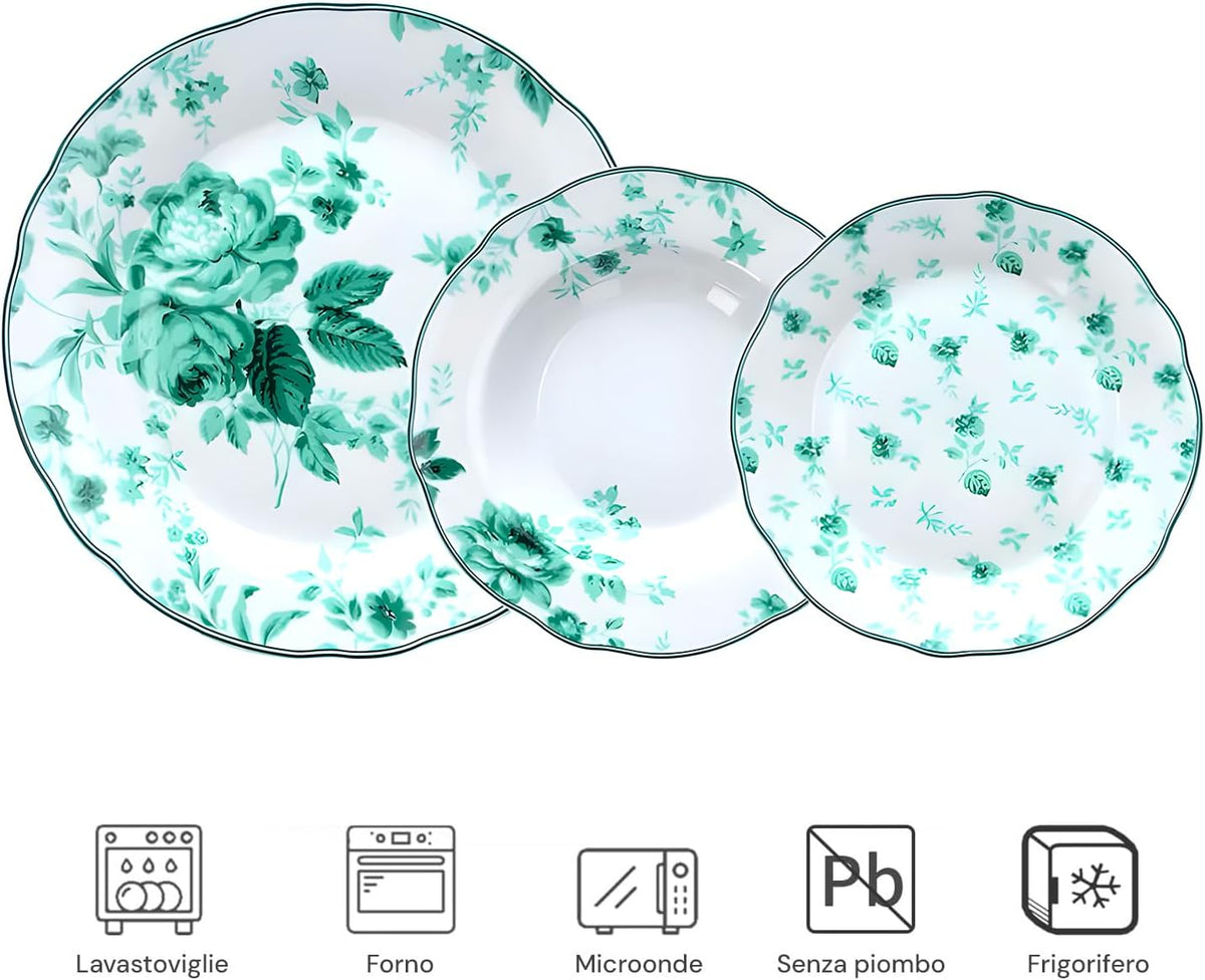 Wintem Porseleinen tafelservies, 18-delig, met platte borden, soep- en dessertborden, ideaal voor speciale gelegenheden of dagelijks gebruik, bordenset voor 6 personen, wit met groene bloemen