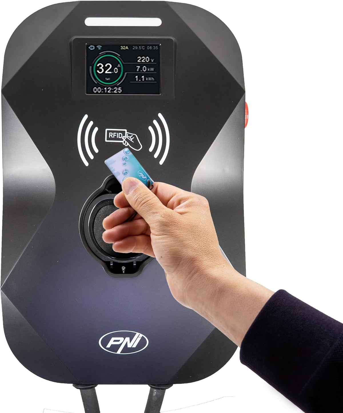 PNI KW11 16A, 11KW laadstation, voor elektrische auto's, 85V - 415V, 7-pins Type2-kabel, 3,5 inch scherm, met Bluetooth, laadactivering via app en RFID-kaart, IP55