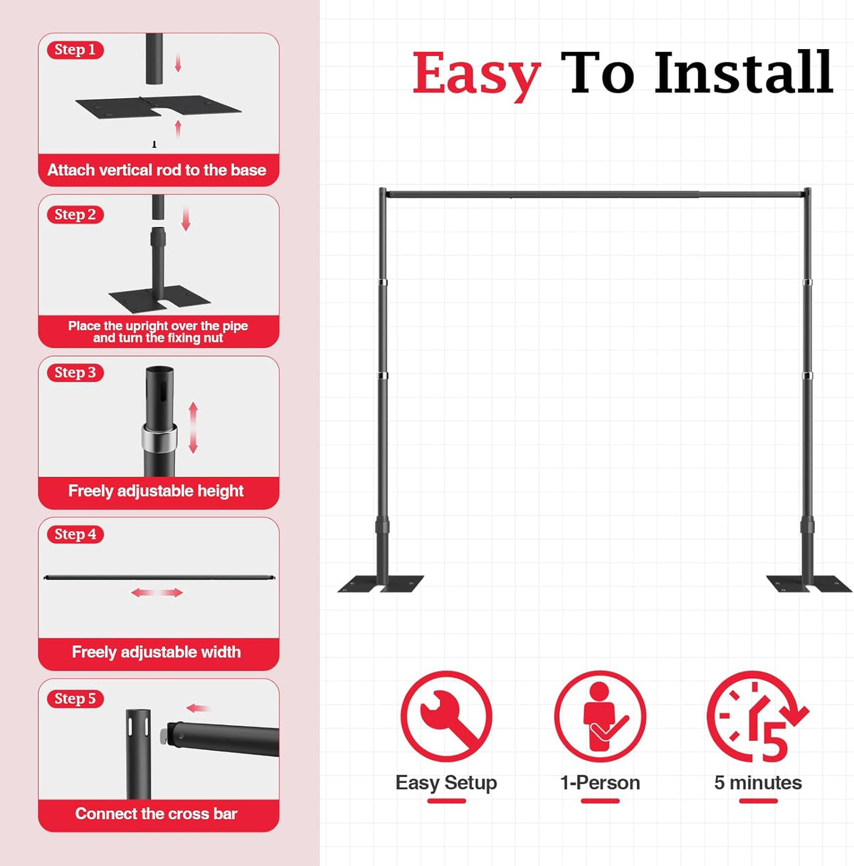 EMART Fotobackground Standaard Stabiel 2,6x3m, Grote Aanpasbare Trouwboog voor Fotostudio, Huwelijk, Banket, Verjaardagsdecoratie, Ballonstand - Zwart