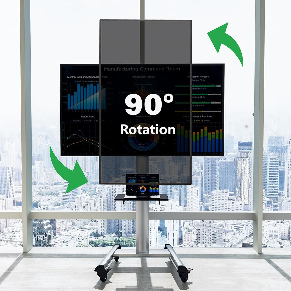 Mobiele tv-standaard met plank – Verrijdbaar tv-meubel, tv-standaard, tv-houder, tv-beugel – Zwart – Voor 32-75 inch – In hoogte verstelbaar tot 211 cm met stopcontacten en USB-poorten
