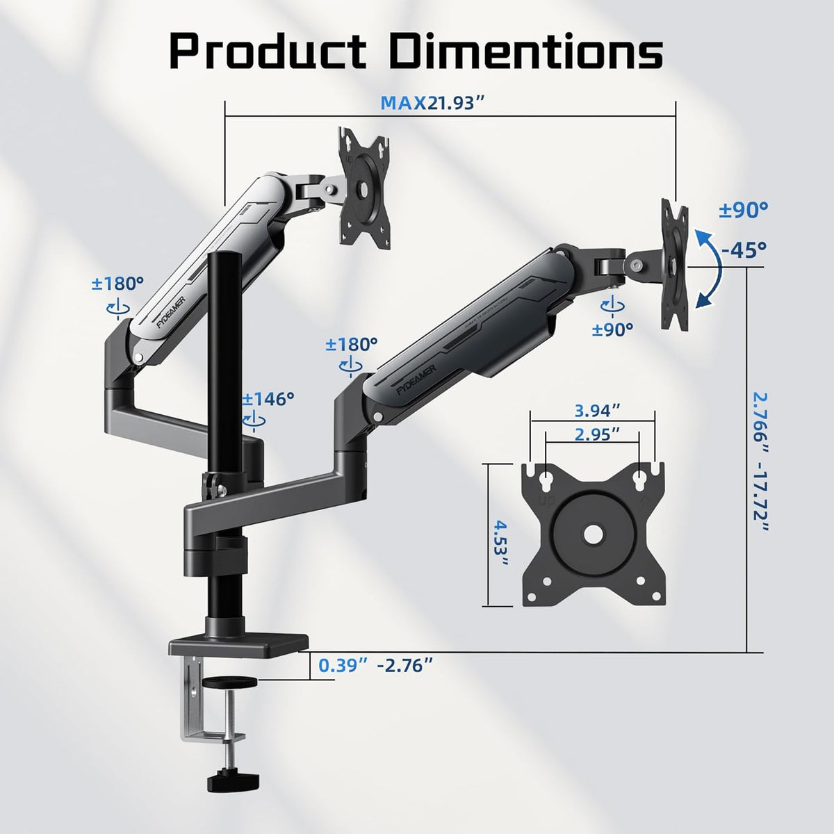 Fydeamer Dubbele monitorarm met hoge stang, verticale dubbele montage, zware gasveer bureausteun voor schermen van 17-32 inch tot 9 kg, volledig verstelbare VESA-standaard, donkergrijs