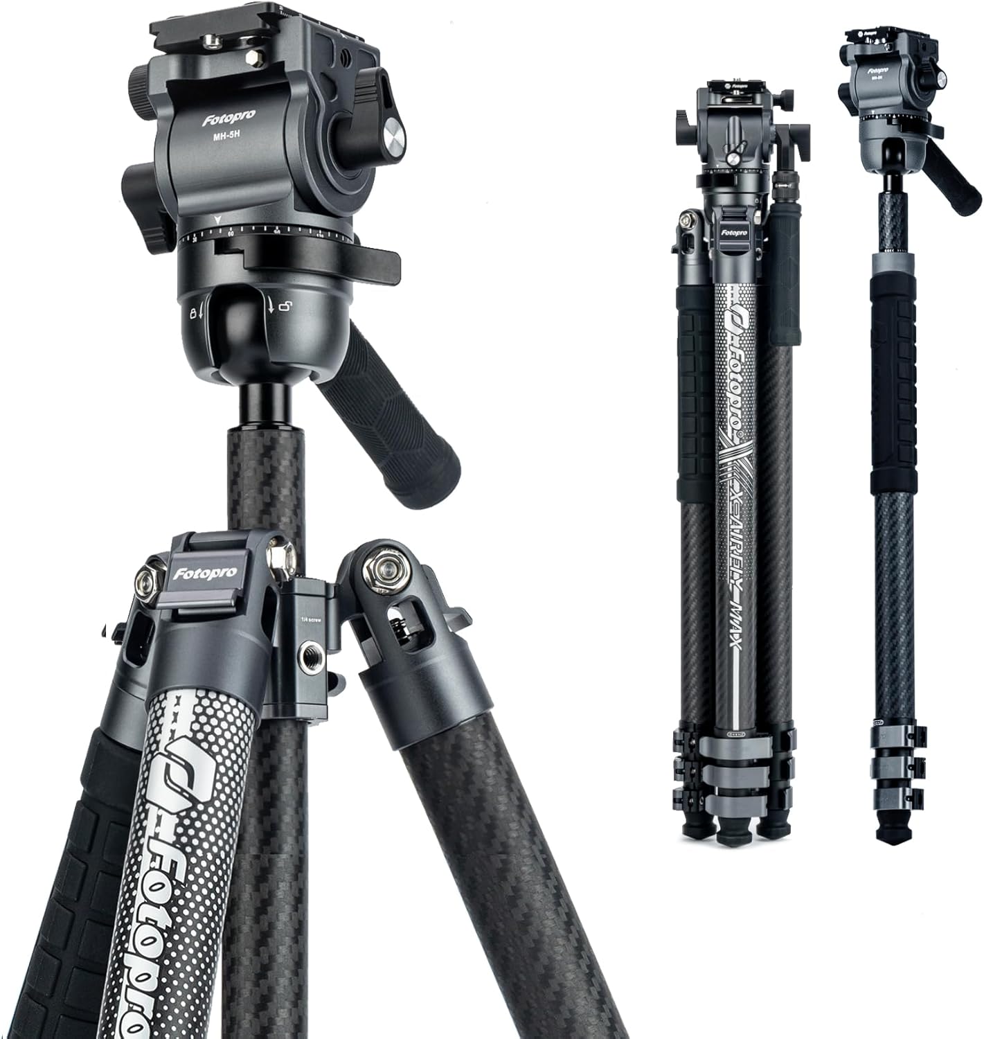 Koolstofvezel Statief – Grijs – Camerastatief – Reisstatief – Videostatief – Monopod – 3K Koolstofvezel – Hydraulische 360° Kogelkop
