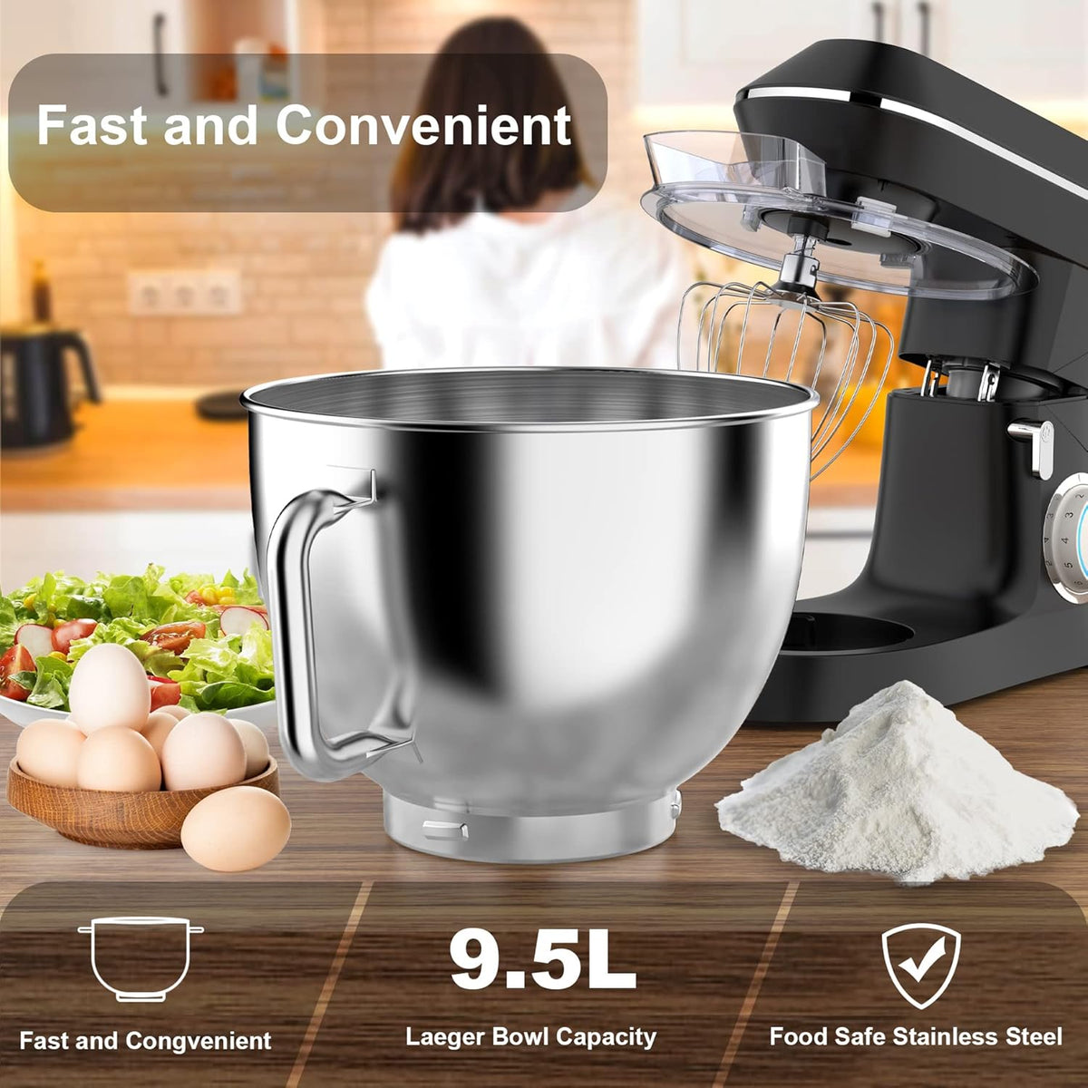 9.5L Keukenmachine kneedmachine 1500W, DOBBOR mixer met garde, deeghaak, klopper, spatbescherming, 7 snelheden planetair mengsysteem, stil en multifunctioneel