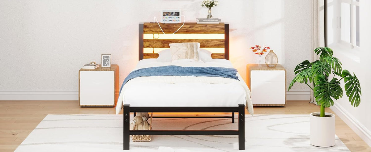 HOMERECOMMEND 3ft eenpersoonsbedframe met USB-laadstation, LED-bedframe met houten opberghoofdeinde, metalen platformbedframe enkele maat, geen boxspring nodig, ondersteuning voor sterke latten