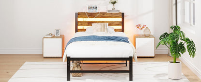 HOMERECOMMEND 3ft eenpersoonsbedframe met USB-laadstation, LED-bedframe met houten opberghoofdeinde, metalen platformbedframe enkele maat, geen boxspring nodig, ondersteuning voor sterke latten