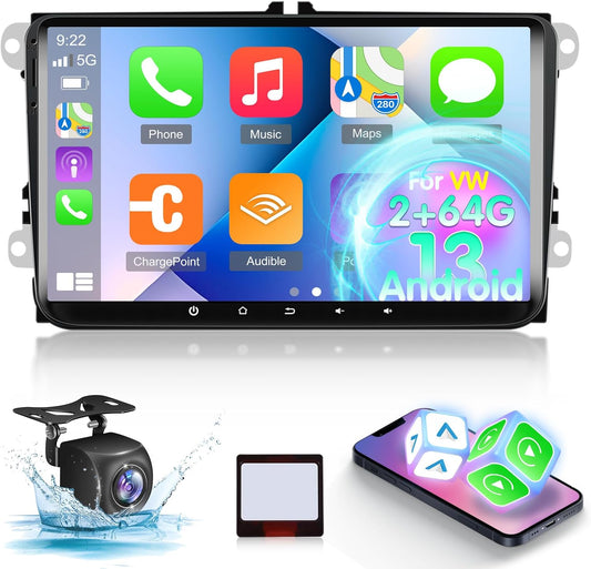 Car Radio for VW Volkswagen Jetta Passat Seat Golf Tiguan Skoda Polo Beetle, 9 Inch Touchscreen Wireless Carplay & Android Auto Car Stereo with Bluetooth/EQ/GPS/WiFi/FM RDS Radio