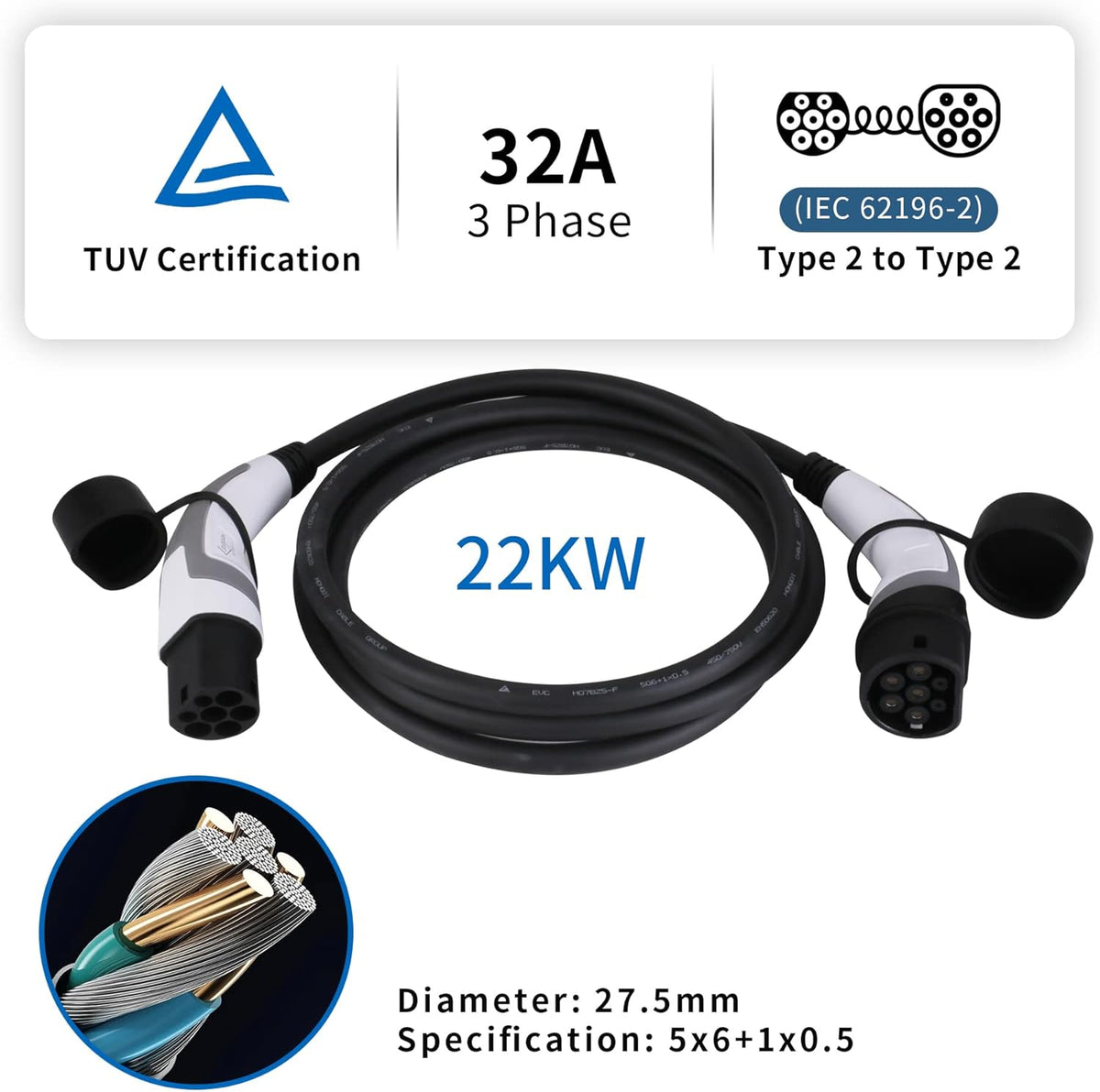Oplaadkabel Type 2 22kW 32A voor Hybrid & Elektrisch Auto | 3-fasen | 3 Meter Type 2 Oplaadkabel, Laadkabel Elektrisch Auto Type 2 Compatibel met Model 3 ID.3 ID.4 e-Tron ZOE i3 Leaf Kona