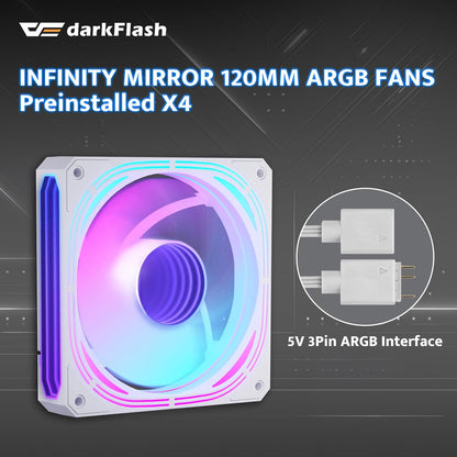 darkFlash Micro-ATX Gaming PC-hoes, MATX PC-behuizing met 3 x 120 mm ARGB-ventilatoren, panoramisch zicht, dubbel gehard glazen computerbehuizing, USB 3.0-poort, ondersteunt dubbele 360 mm AIO, wit