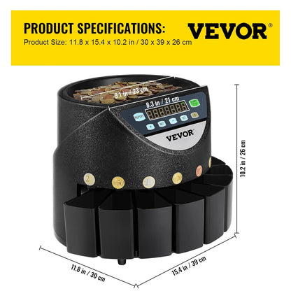 VEVOR Professionele euromuntenteller, 220 V, 300 munten per minuut, muntsorteerder, 7-cijferig led-display, munttelmachine met 8 zeer nauwkeurige verzameldozen