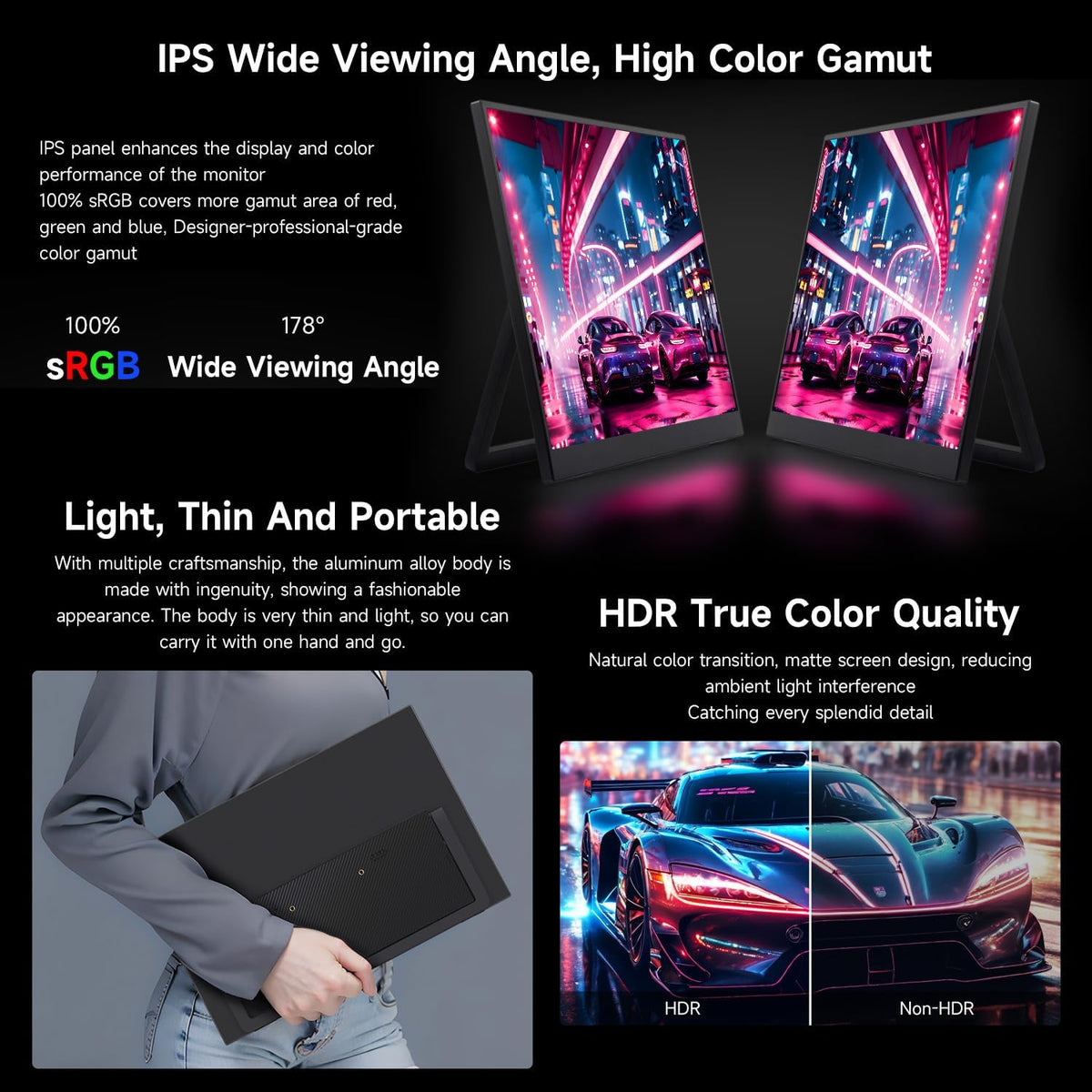 LUCKFOX 14" Portable Monitor with Stand - Plug&Play 1920x1200 WUXGA FHD Ultra Thin/Light USB-C HDMI Second Monitor 178° Viewing Dual-Track HiFi Speaker for Raspberry Pi/Jetson/PC/Game Console/Phone - QUORE