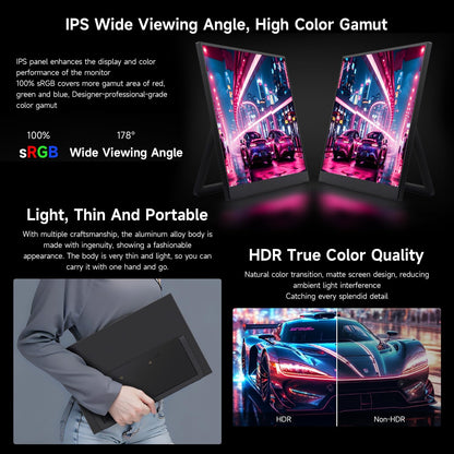 LUCKFOX 14" Portable Monitor with Stand - Plug&Play 1920x1200 WUXGA FHD Ultra Thin/Light USB-C HDMI Second Monitor 178° Viewing Dual-Track HiFi Speaker for Raspberry Pi/Jetson/PC/Game Console/Phone - QUORE