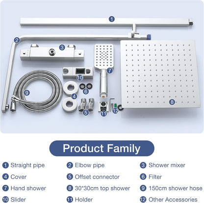 Vierkante Thermostatische Douche Mixer Set, Bevankly Vierkante Thermostatische Douche Systeem Chroom, Thermostatische Douche Bar Set