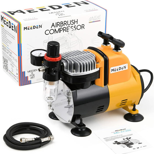 MEEDEN Airbrush-compressor, 1/5 pk, inzuigercompressor met auto-stop, hermisch beschermd, laag loopgeluid, 47 dB, regelaar, watervalhouder, 1/8 luchtslang voor modelbouw, tattoo en graffiti