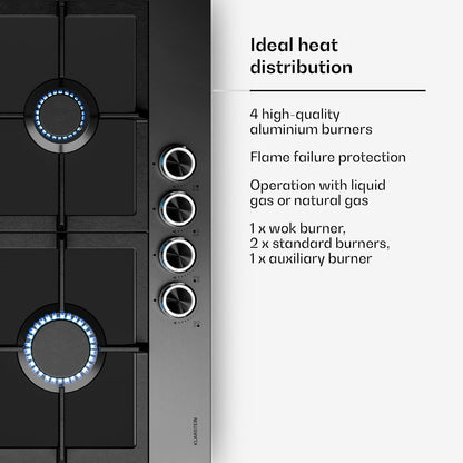 Gaskookplaat – Gasfornuis – Gasstel – Inbouwkookplaat – Kookplaat 4 Branders – 60 cm Breed – 8000 W Vermogen – Vlamuitvalbeveiliging & Elektrische Ontsteking