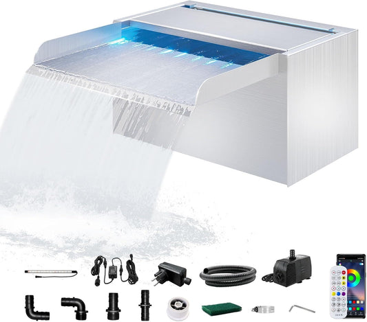 LONGRUN 23 cm vijver waterval, 304 roestvrij staal, zwembadwaterval met waterpomp, 7 kleuren Bluetooth LED tuinfontein