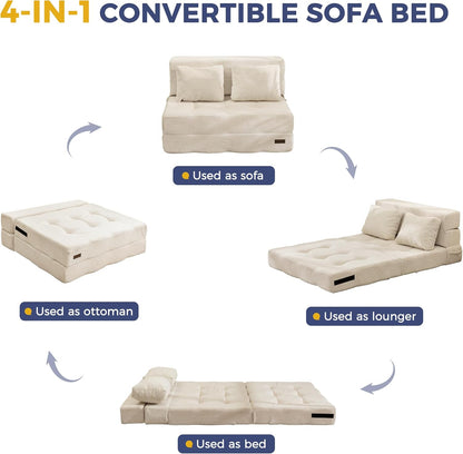 MAXYOYO Opvouwbare schuim slaapbank, drievoudig opvouwbaar matras met 2 kussens, omvormbare slaapbank, futonbed met 15 cm dun schuim, draagbare 3-in-1 vloerbank