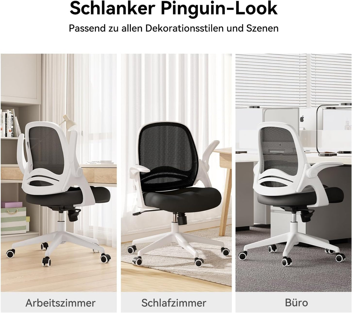 Hbada Bureaustoel Opklapbare Armsteun Ergonomische Bureaustoel Compact 120 ° Vergrendeling 360 ° Rotatie Zitting Oppervlaktelift Versterkte Nylonharsbasis, Wit