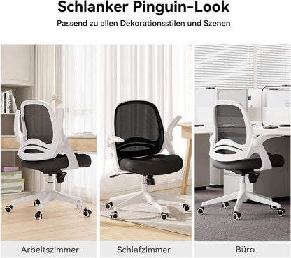 Hbada Bureaustoel Opklapbare Armsteun Ergonomische Bureaustoel Compact 120 ° Vergrendeling 360 ° Rotatie Zitting Oppervlaktelift Versterkte Nylonharsbasis, Wit