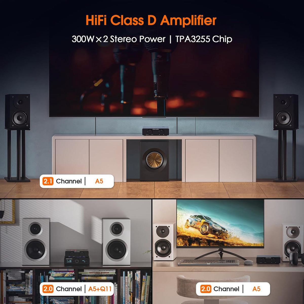 Douk A5 Stereo versterker met TPA3255 chips, Class D Amplifier High-Pass filter, mini-versterker voor desktop-plankluidsprekers