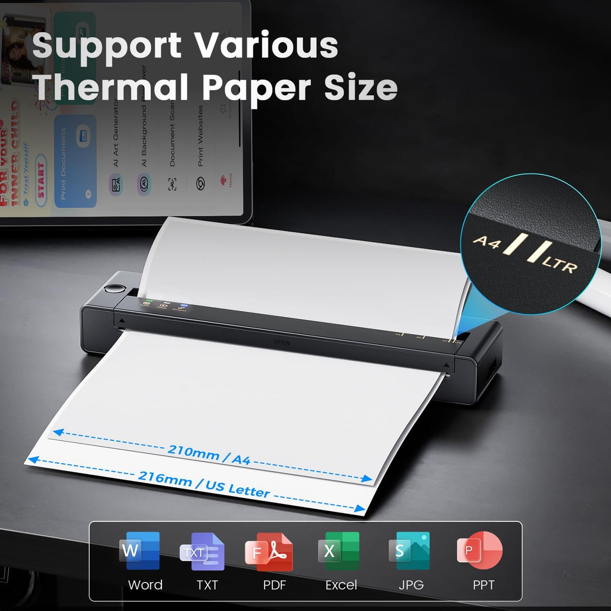 Draagbare Printer – Mobiele Printer – Thermische Printer – Mini Printer – Bluetooth Printer – Inktloos Printen – Lichtgewicht 0,6 kg – Ondersteunt A4 & US Letter