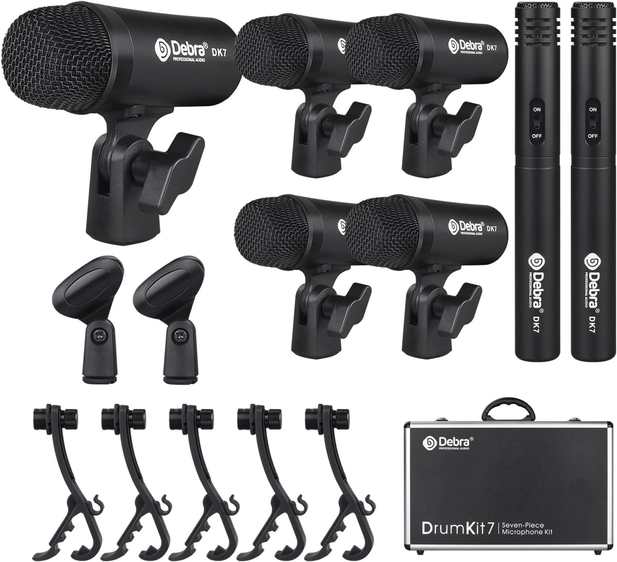 D Debra DK7 Pro 7-delige bedrade drummicrofoonkit voor drummers, inclusief microfoon, microfoonclip met opties voor kick drums, snare, rack/floor toms, congas en cymbals